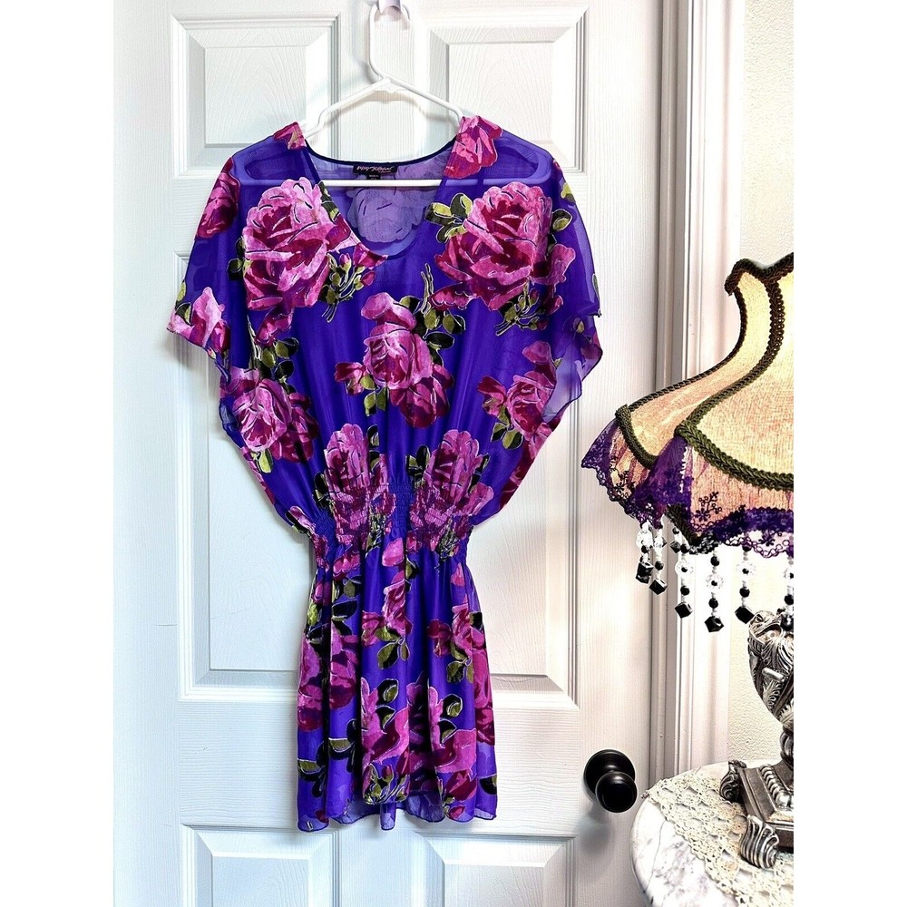 Vntg Betsey Johnson Purple Burnout Velvet Floral Sheer Cinch Waist Top MiniDress